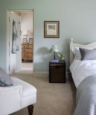 Gray bedroom in country house in Wiltshire