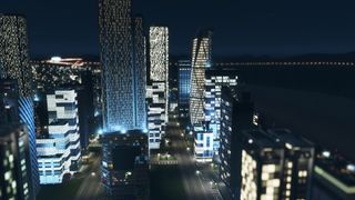 Skyscrapers at night in Cities: Skylines.