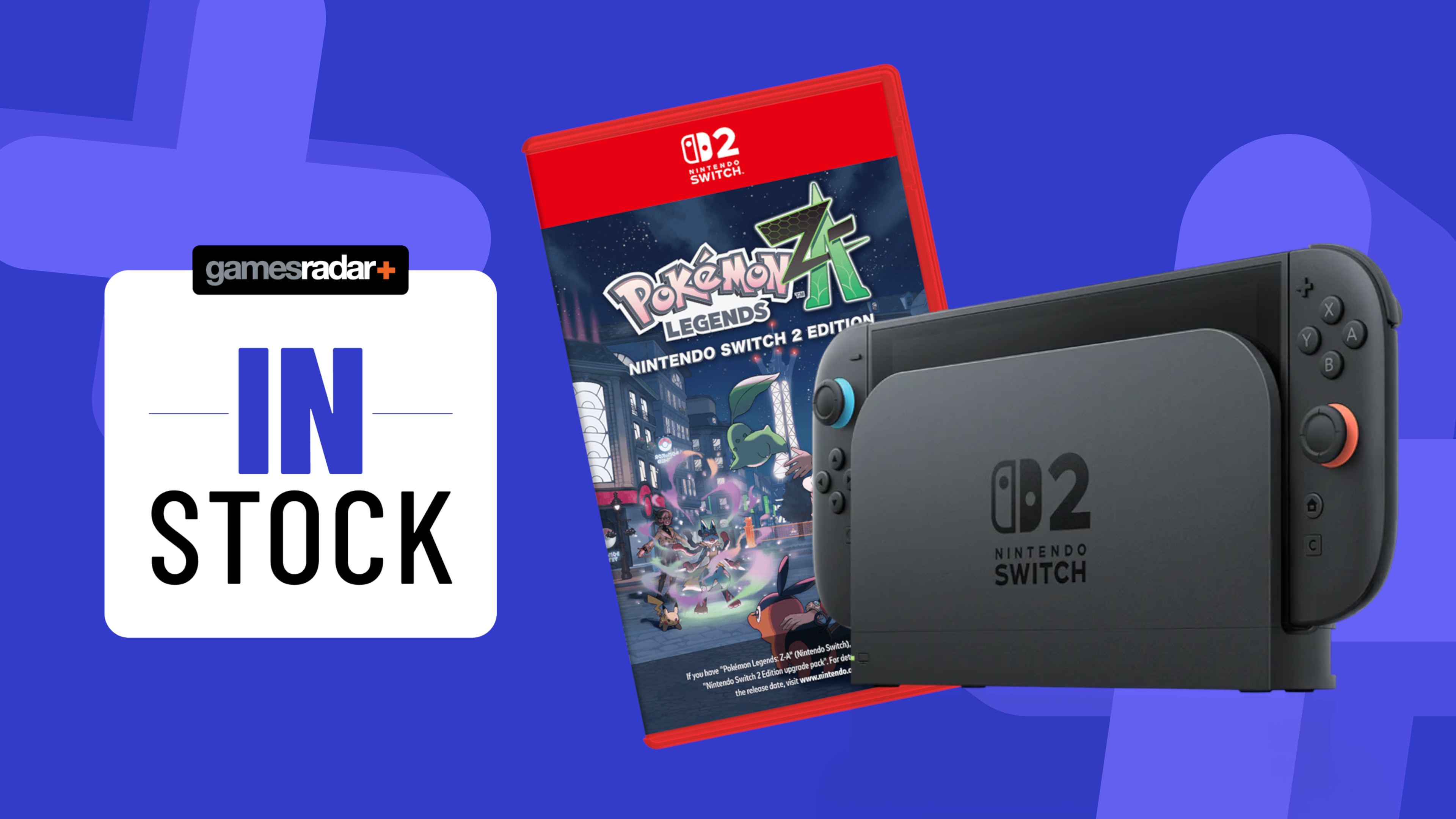 Nintendo Switch 2 with Pokemon Legends Z-A against a blue background with in stock badge