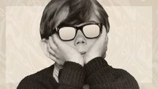 Photo collage of a bored boy in blanked out glasses on a beige background