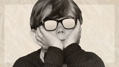 Photo collage of a bored boy in blanked out glasses on a beige background