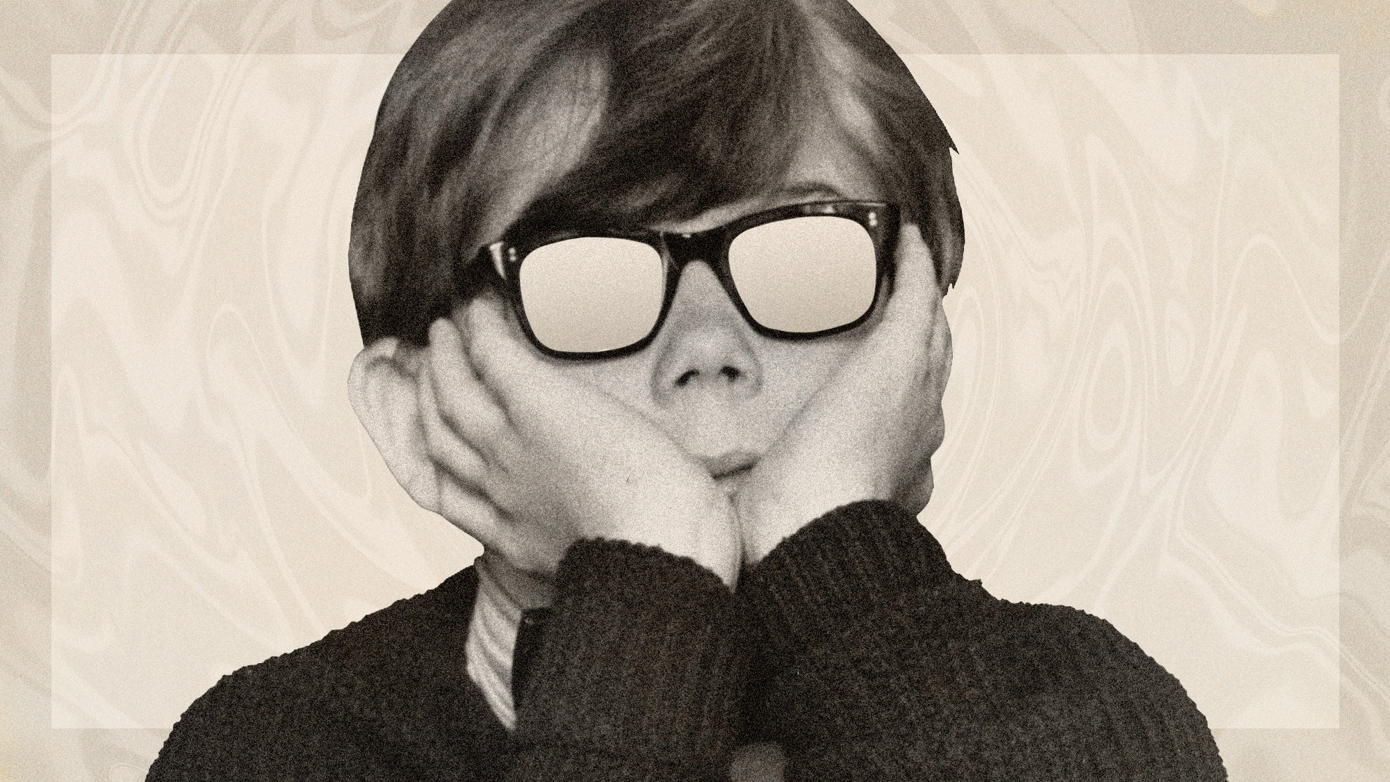 Photo collage of a bored boy in blanked out glasses on a beige background