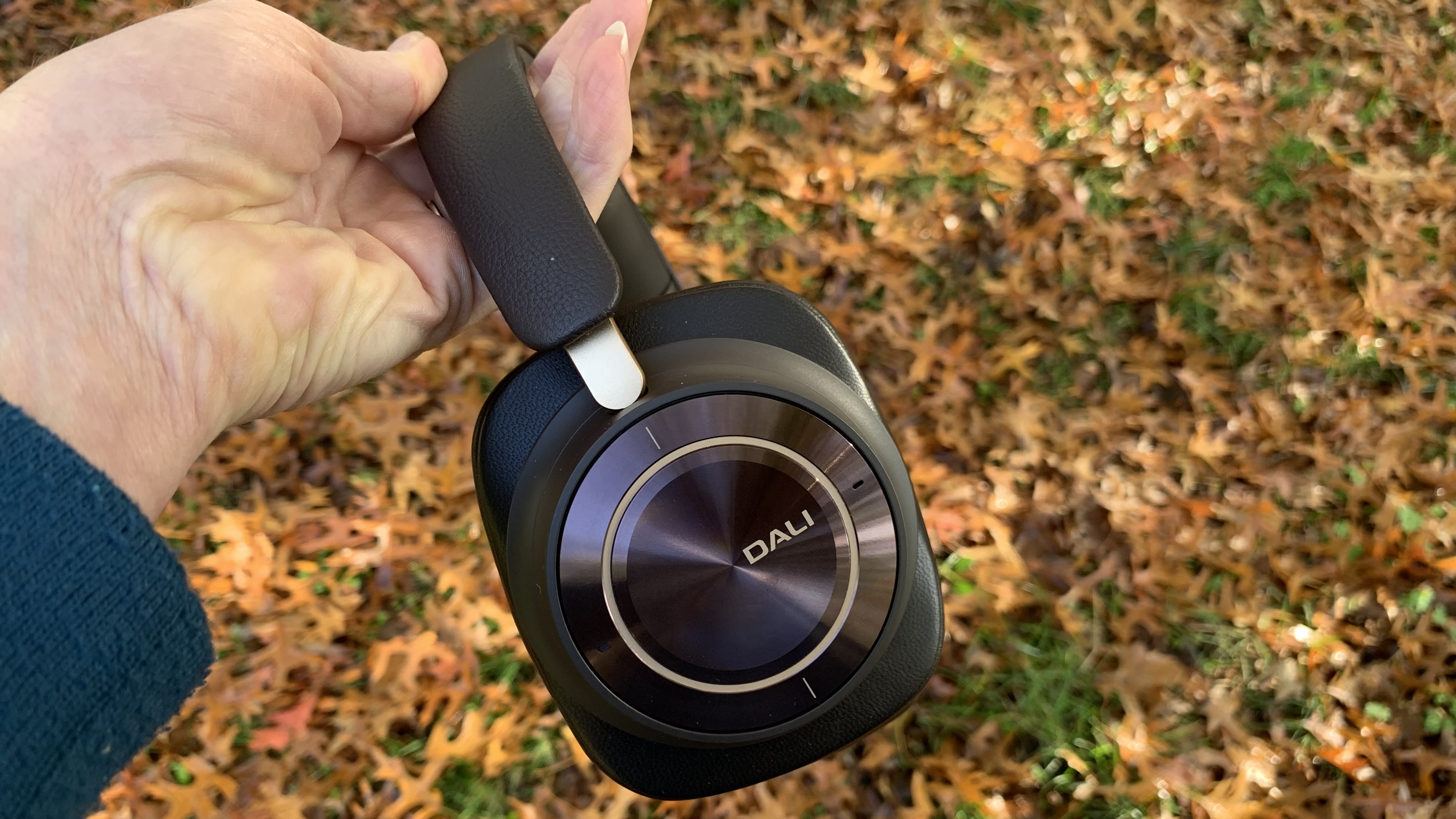 Dali iO-12 headphones held in a hand, with autumnal leaves in the background