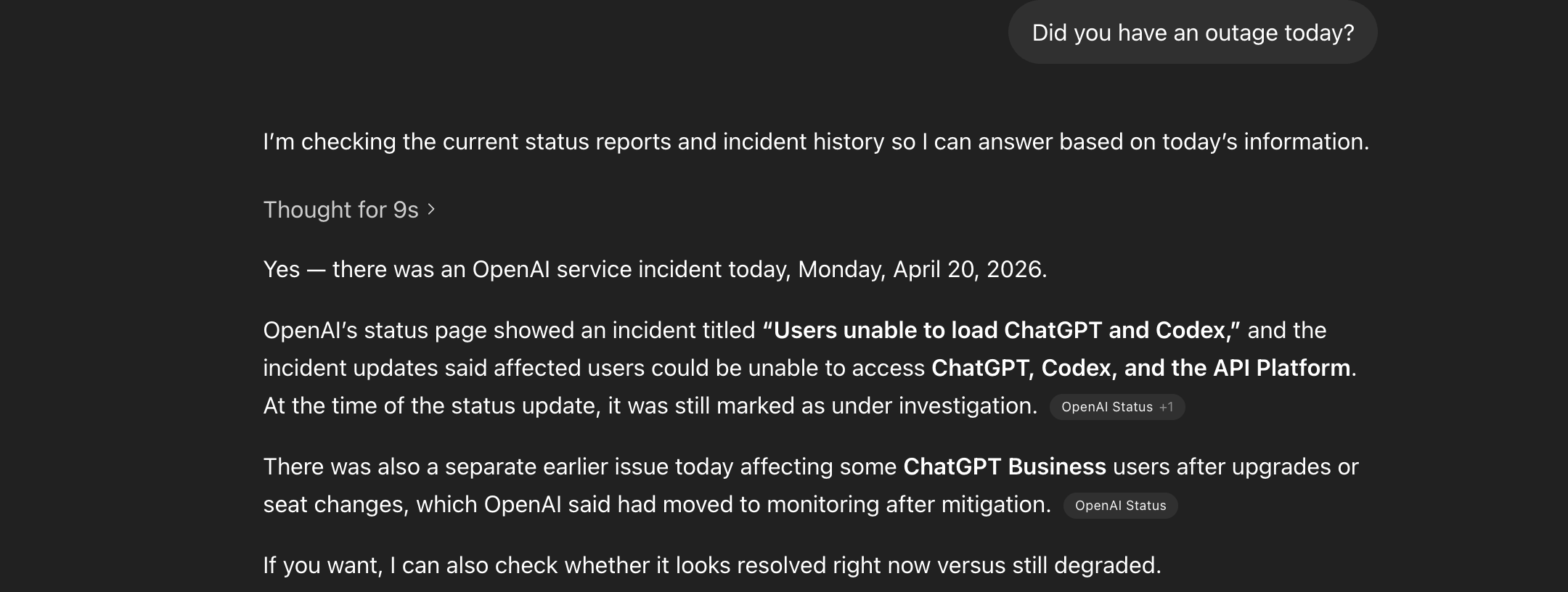 ChatGPT answering question about its outage