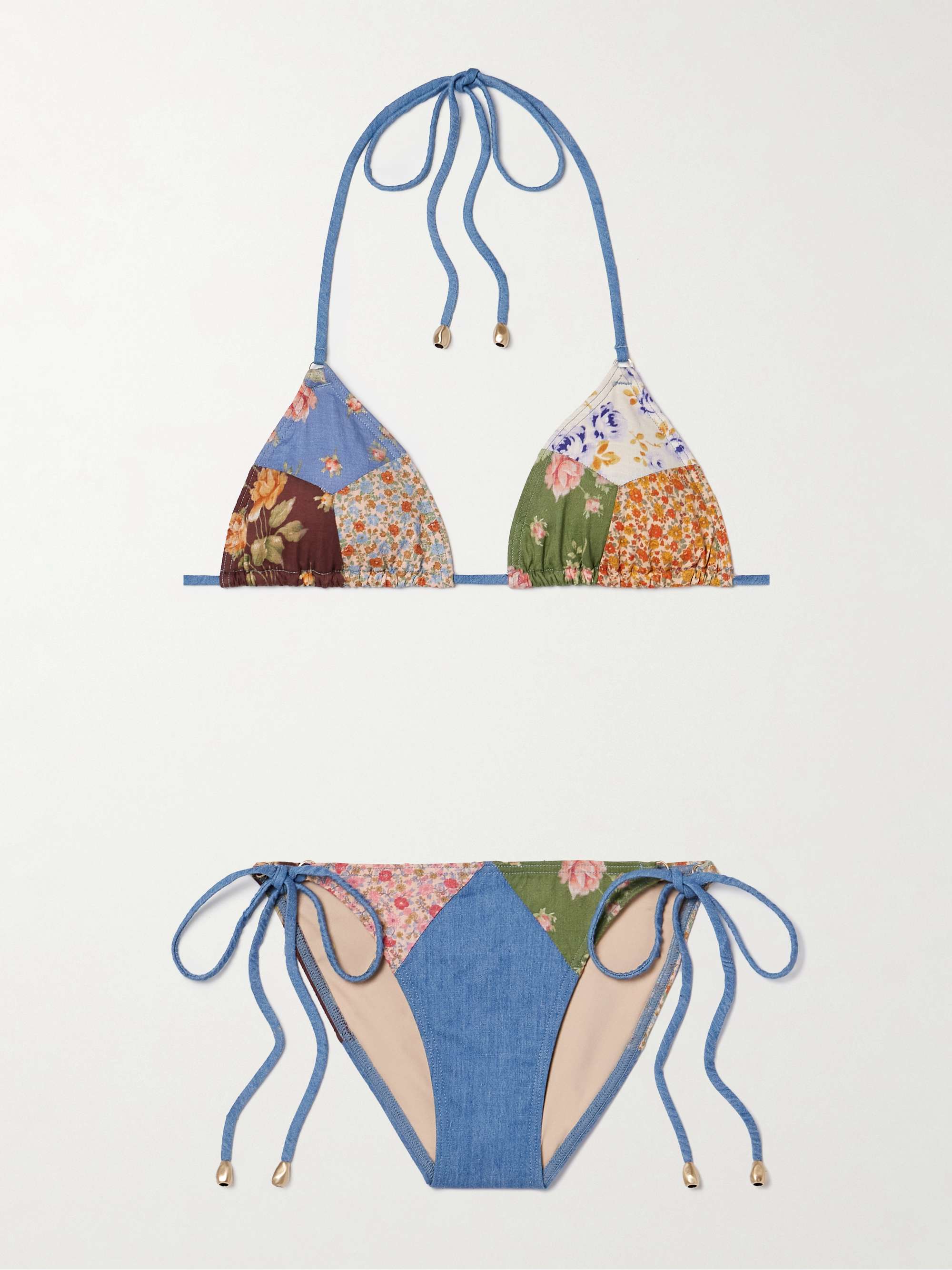 Lucky Patchwork Floral-Print Cotton and Chambray Triangle Bikini