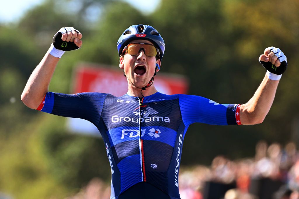 Groupama-FDJ&rsquo;s Stefan K&uuml;ng celebrates his teammate Valentin Madouas&rsquo; win