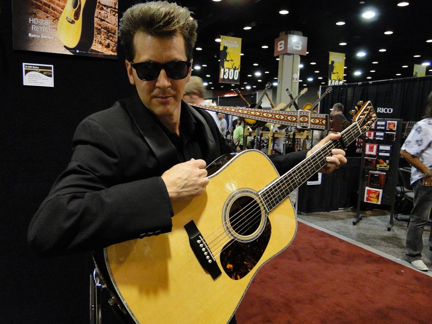 The real Man In Black played an original D-45. Our celebrity impersonator poses with the D-45E Retro.