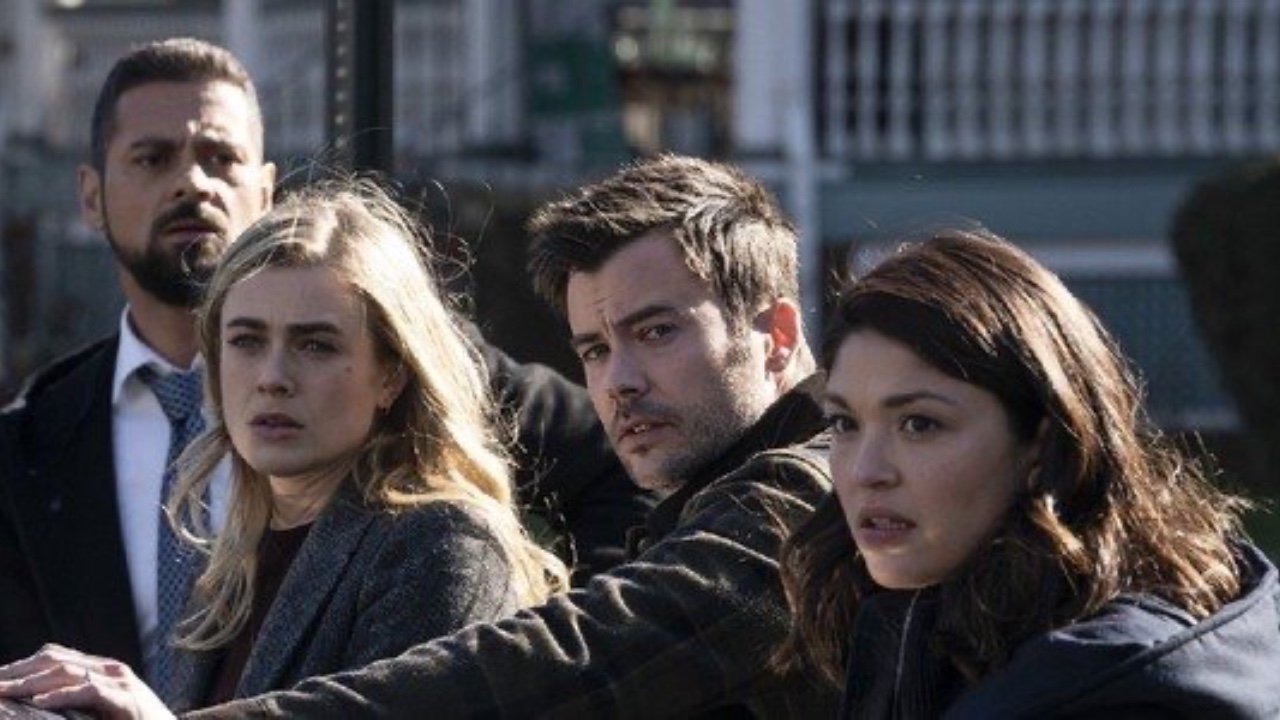 J.R. Ramirez, Melissa Roxburgh, Matt Long and Ellen Tamaki staring off somewhere in Manifest.