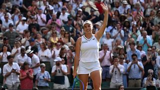 Czech Republic's Linda Noskova celebrates winning against Ukraine's Marta Kostyuk during their women's singles semi-final tennis match on the eleventh day of the 2026 Wimbledon Championships.