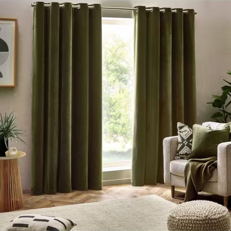 olive green curtains in neutral room