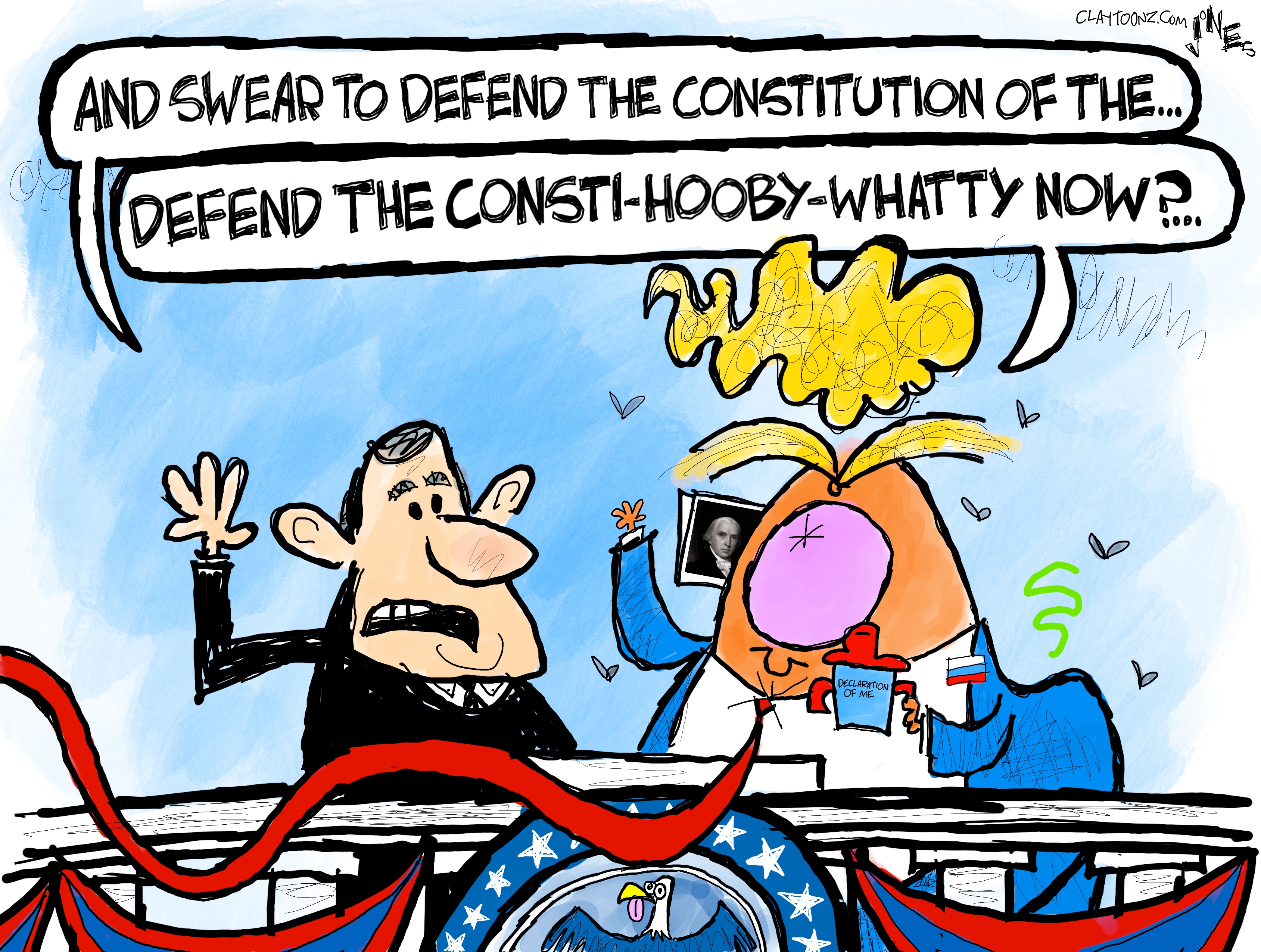 This cartoon depicts the swearing in of Donald Trump. John Roberts says "AND SWEAR TO DEFEND THE CONSTITUTION OF THE..." while Trump says, "DEFEND THE CONSTI-HOOBY-WHATTY NOW?.."