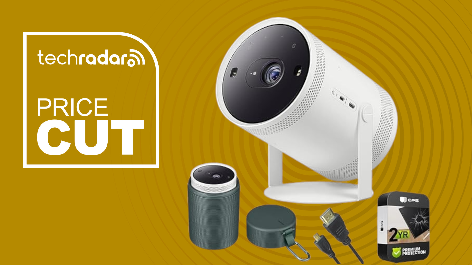 Samsung The Freestyle 2nd Gen projector on a yellow background next to a TechRadar badge reading 'Price Cut'