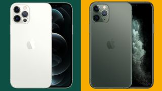 The iPhone 12 Pro on a green background and iPhone 11 Pro on a yellow background