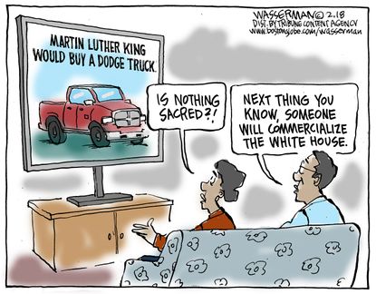 Political cartoon U.S. Super Bowl Martin Luther King Dodge car ad controversy Trump business conflicts