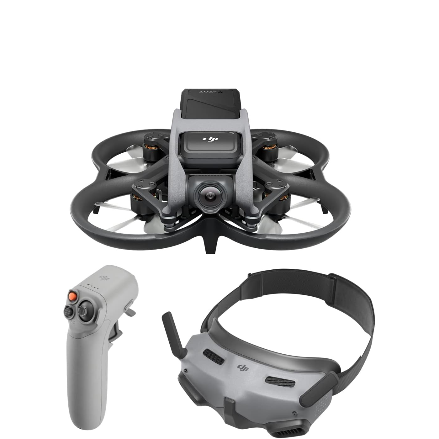 DJI Avata with controller and goggles on white background