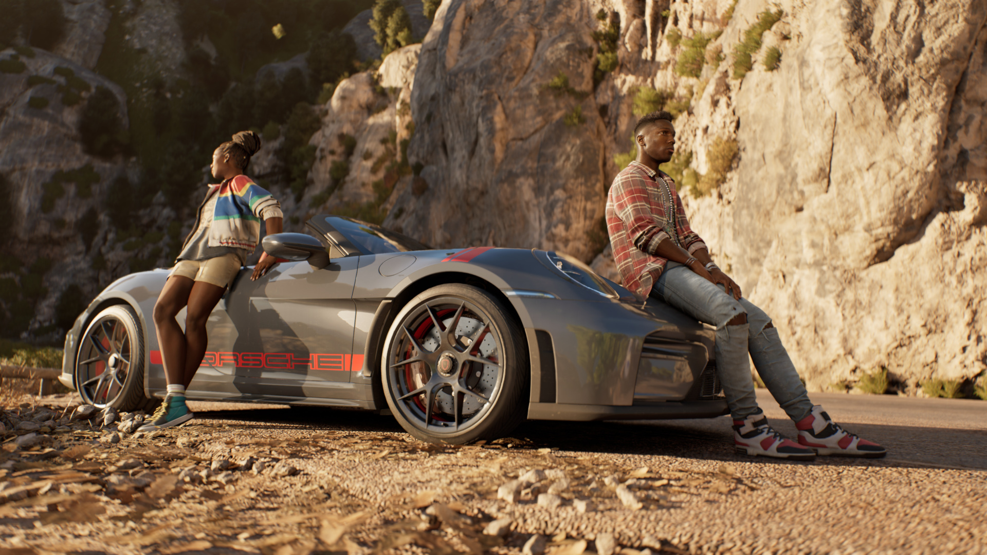 Two sibling racing prodigies stand by a car in open world driving game, Clutch