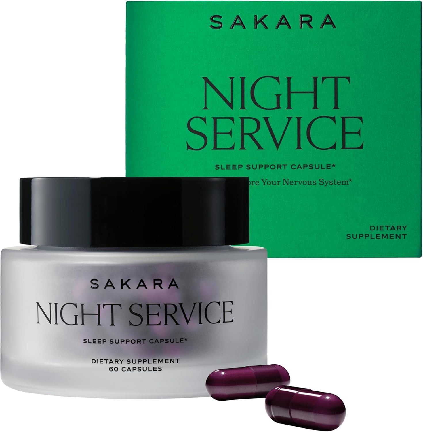 SAKARA, Sakara Night Service Sleep Support – Natural Assistance for Better Sleep With Magnesium Glycinate, Nordiccherry™ & 5-Htp for Calming, Deep Sleep – Supports a Full Sleep Cycle – 60 Capsules