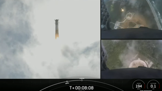 During landing of a Falcon Heavy launch on Nov. 1, 2022, one of the booster cameras caught a view of the second booster coming down safely on the launch pad (at top right).