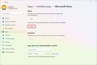 Microsoft Store reset option
