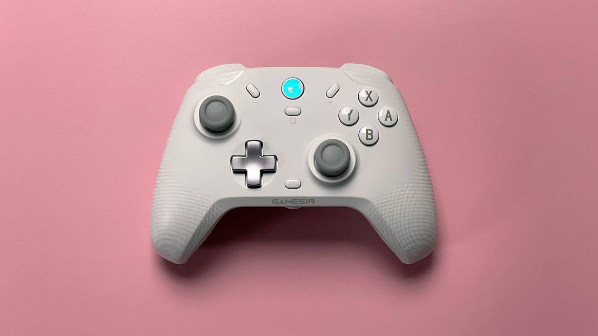 The GameSir T4 Cyclone game controller for iOS and macOS against a pink background.