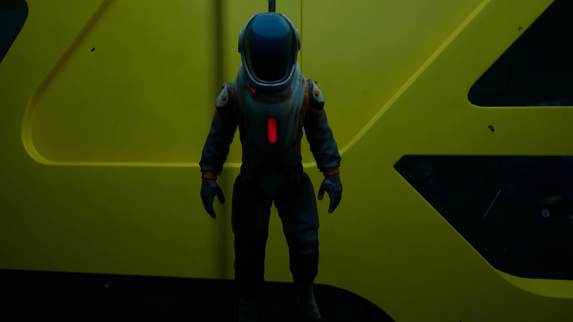 Subnautica 2 trailer still - deep-sea diving suit hanging in front of a yellow wall