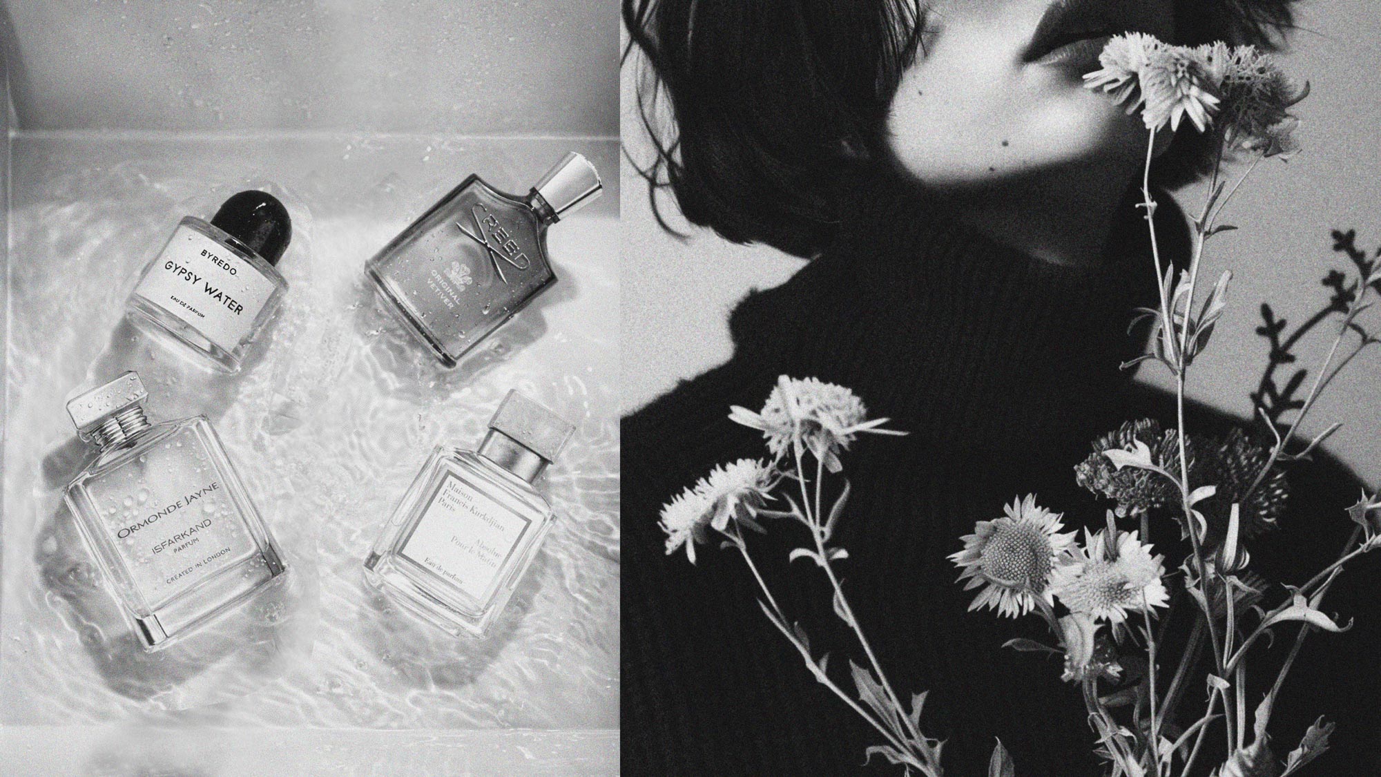 A montage image featuring fragrance bottles in a sink with water and a woman in the shadows holding a bunch of wild flowers