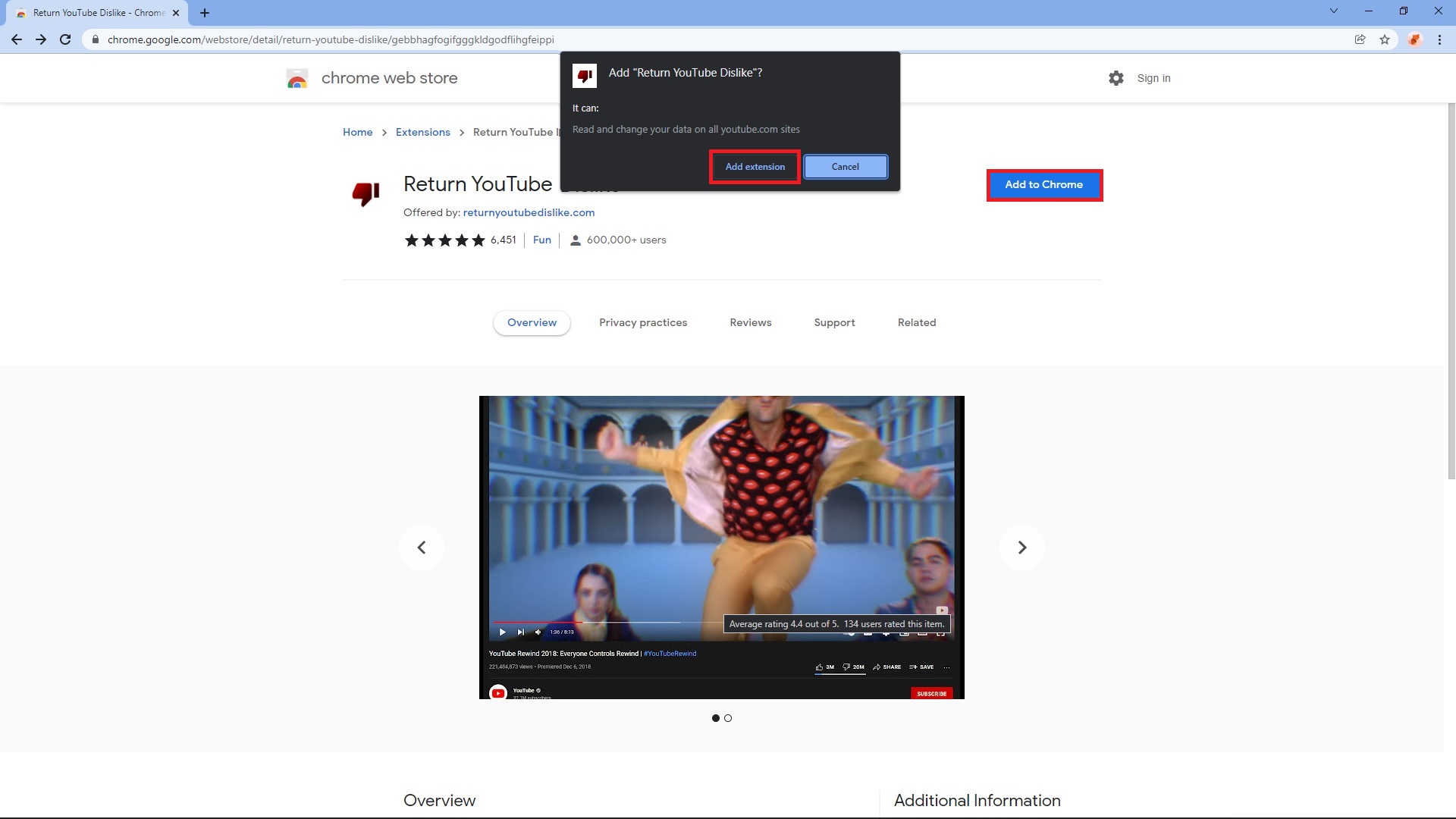 Imagen que muestra la tienda web de Google Chrome en la página de extensión Return YouTube Dislike con 