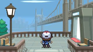 The protagonist looks across Skyarrow Bridge in Pokemon Black and White.