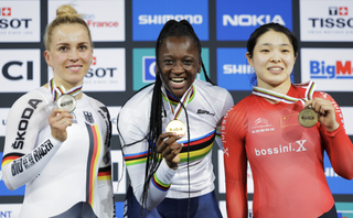Women's podium for 500m Time Trial (LtoR): silver medal Emma Hinze of Germany, winner Marie Divine Kouame of France and bronze medalist Yufang Guo of China