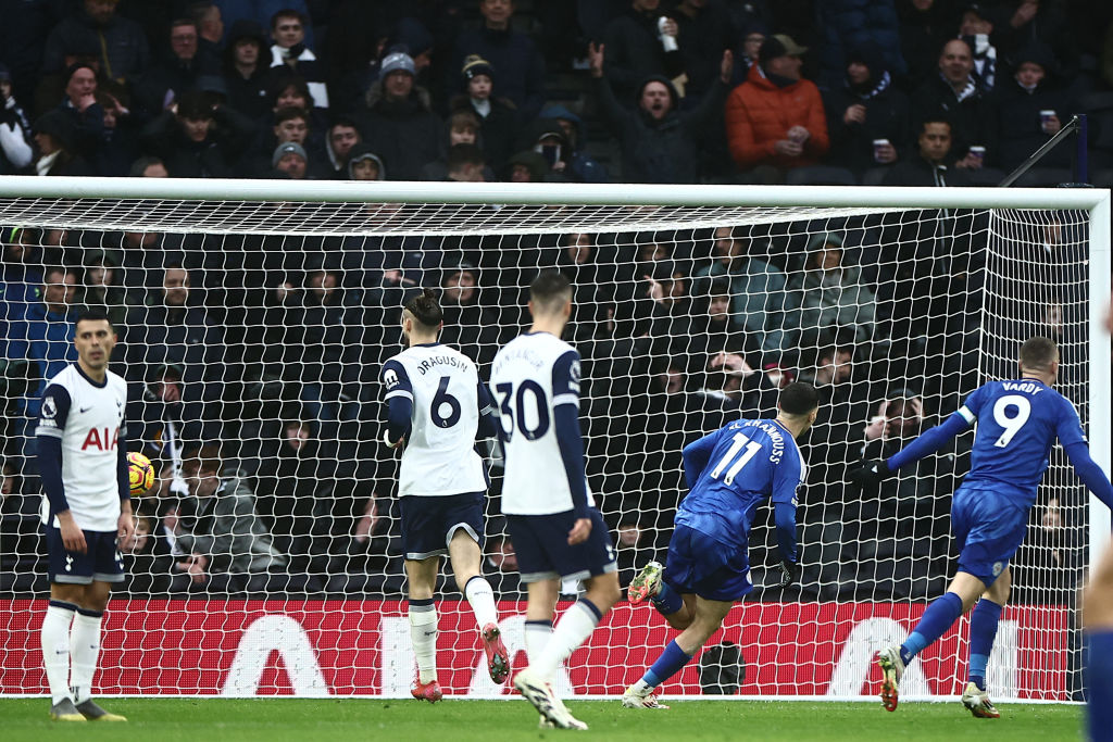 Leicester City's Moroccan midfielder #11 Bilal El Khannouss (2R) turns to celebrate after scoring their second goal during the English Premier League football match between Tottenham Hotspur and Leicester City at the Tottenham Hotspur Stadium in London, on January 26, 2025. (Photo by HENRY NICHOLLS / AFP) / RESTRICTED TO EDITORIAL USE. No use with unauthorized audio, video, data, fixture lists, club/league logos or 'live' services. Online in-match use limited to 120 images. An additional 40 images may be used in extra time. No video emulation. Social media in-match use limited to 120 images. An additional 40 images may be used in extra time. No use in betting publications, games or single club/league/player publications. / (Photo by HENRY NICHOLLS/AFP via Getty Images)