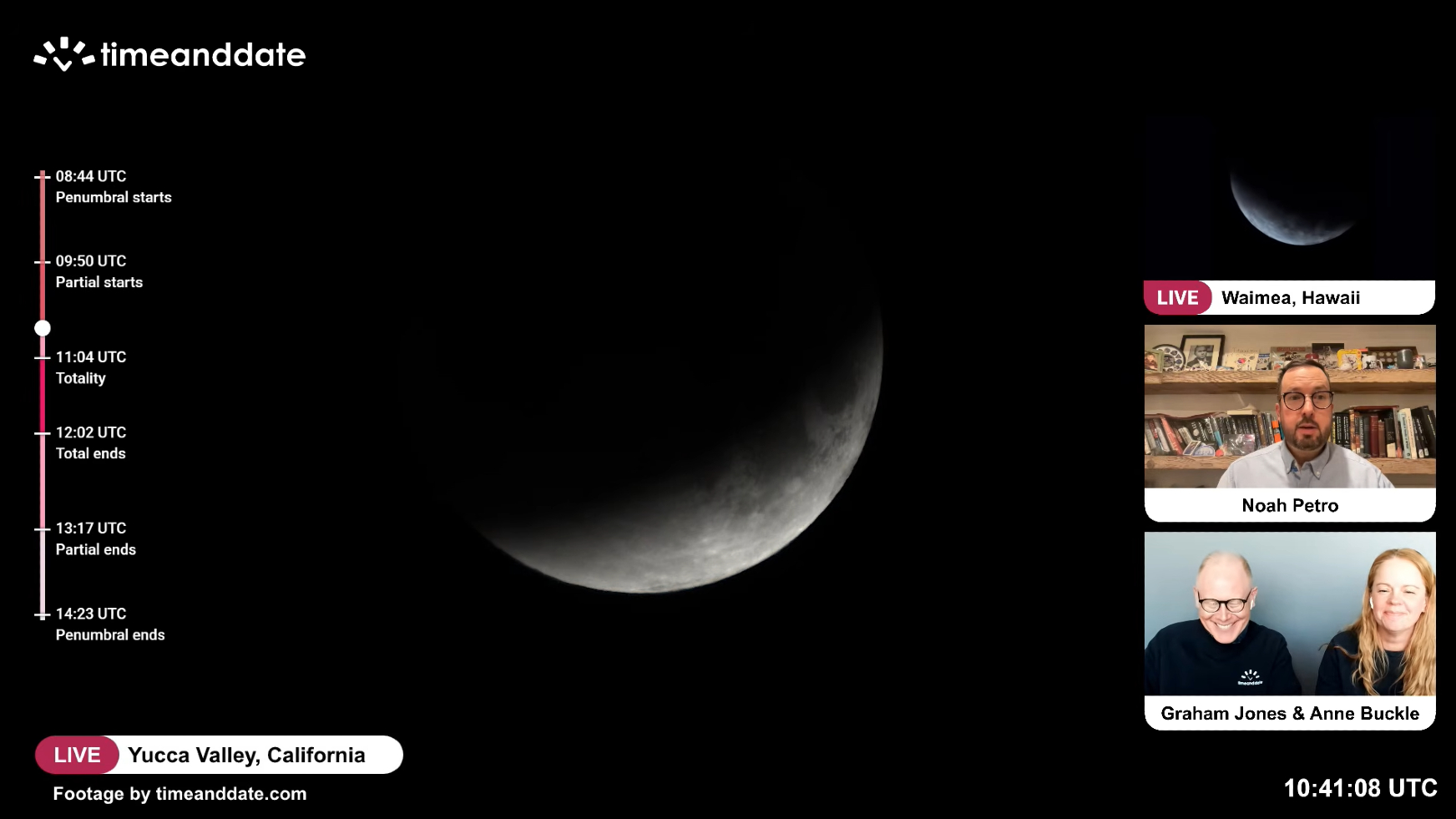 A full moon appears against a black sky with most of its surface obscured by Earth's shadow during a total lunar eclipse. Only a silver crescent in the lower left is lit by direct sunlight against a black sky.