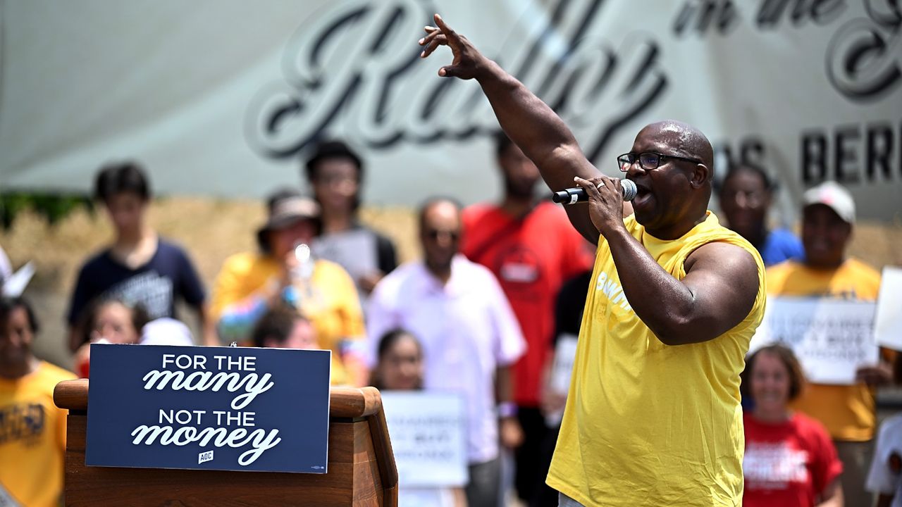 Jamaal Bowman addresses a campaign rally at St. Mary&#039;s Park in the Bronx in June 