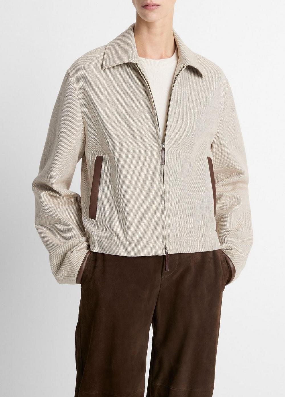 Faux-Leather-Trim Cotton Cropped Jacket