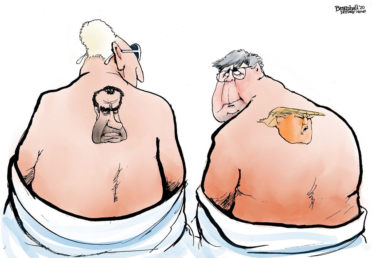 Political Cartoon U.S. Stone Nixon Barr Trump tattoos