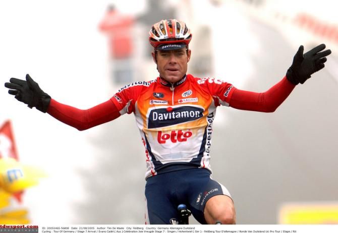 Cadel Evans celebrates a 2005 stage win at the Tour of Germany