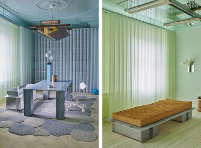 Tqo pictures showing light blue (left) and light green (right) interiors of a mental health clinic in Copenhagen