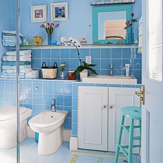 blue bathroom with commode and flower vase