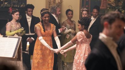 Simone Ashley as Kate Sharma, Charithra Chandran as Edwina Sharma in episode 208 of Bridgerton