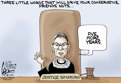Political cartoon U.S. Ruth Bader Ginsburg Supreme Court five more years conservatives