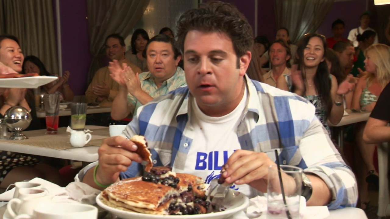 Adam Richman takes on the Mac Daddy Pancake challenge