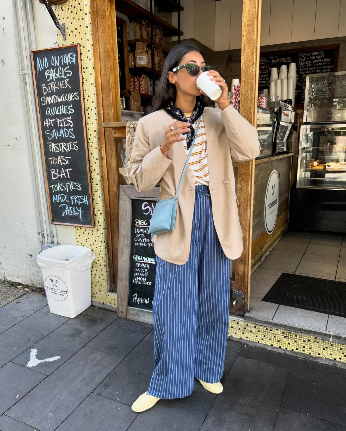 Striped pants and blazer outfit