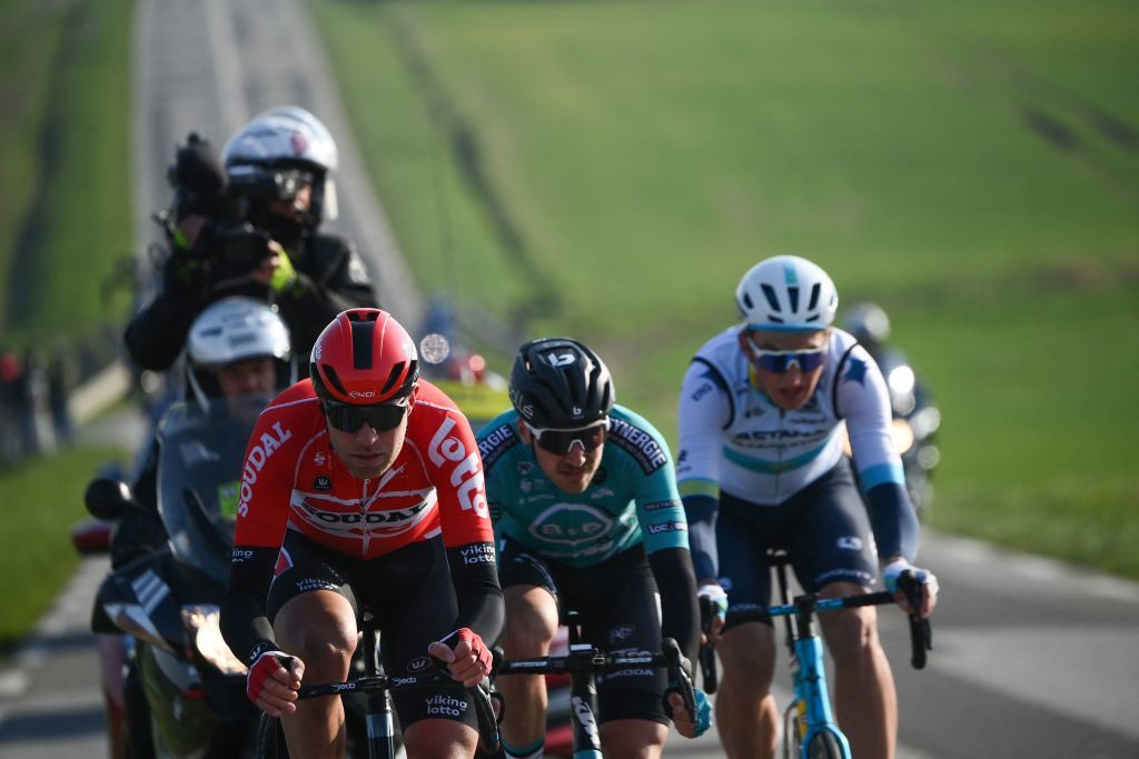 Lotto Soudals Belgian rider Frederik Frison L BB Hotels KTMs French rider Alexis Gougeard L and Astana Qazaqstan Teams Kazakh rider Yevgeniy Fedorov R take part in a breakaway during the 1st stage of the 80th edition of the Paris Nice cycling race 160 km between ManteslaVille and ManteslaVille on March 6 2022 Photo by FRANCK FIFE AFP Photo by FRANCK FIFEAFP via Getty Images