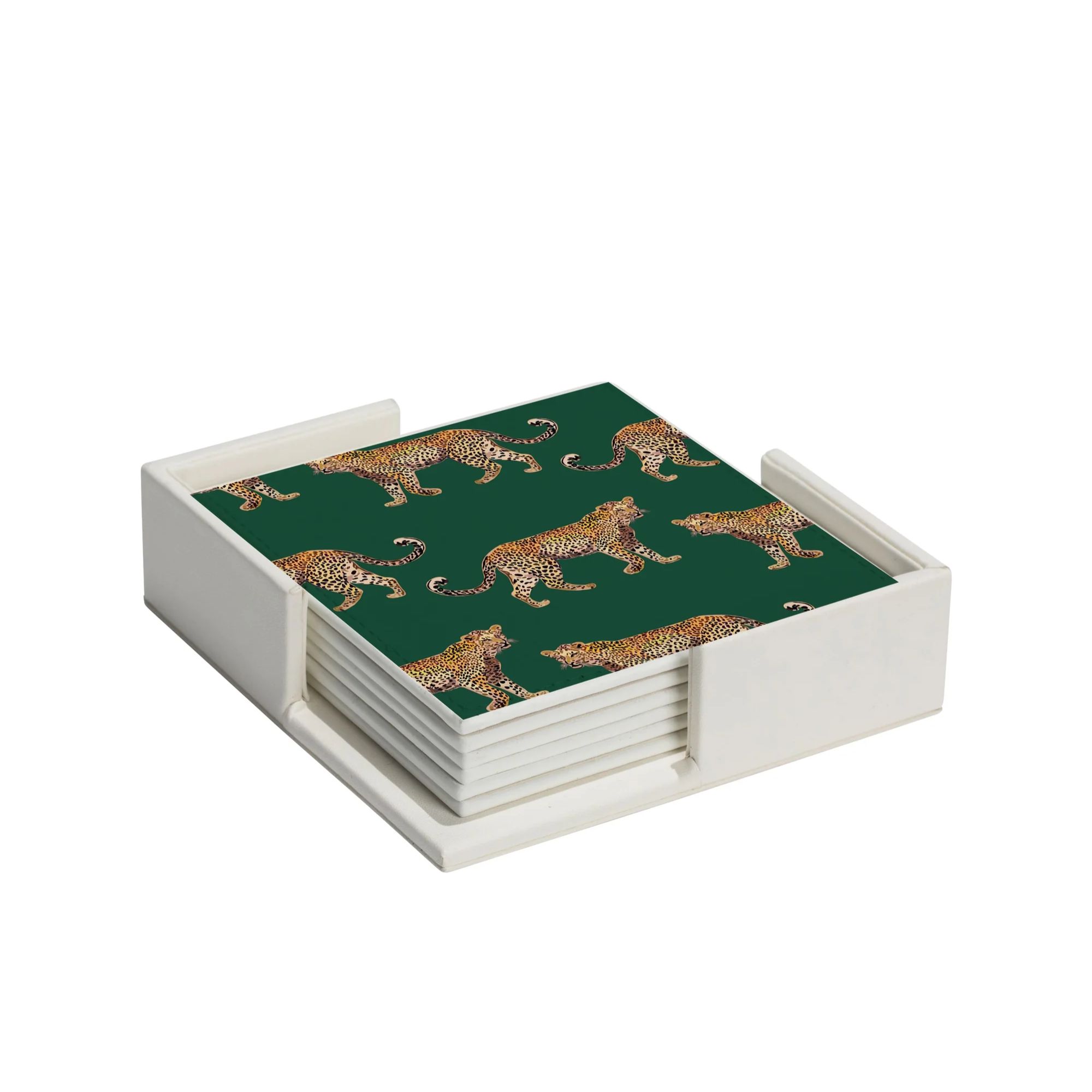 Green leather coasters with cheetah print