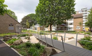 Image of a walkway across gardens in a housing estate in London