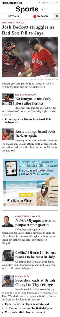 Advertising appears in the right-hand sidebar on the desktop version of the new Boston Globe site, but is reconfigured to tuck between elements as you scroll down the page in the smartphonesized version