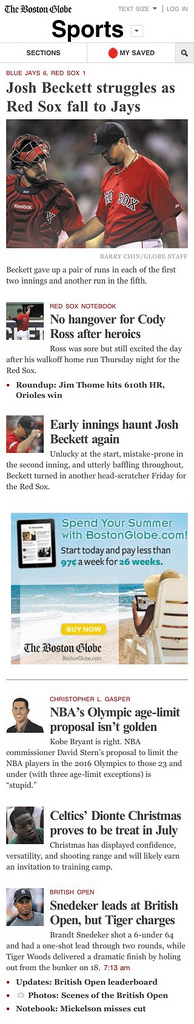 Advertising appears in the right-hand sidebar on the desktop version of the new Boston Globe site, but is reconfigured to tuck between elements as you scroll down the page in the smartphonesized version