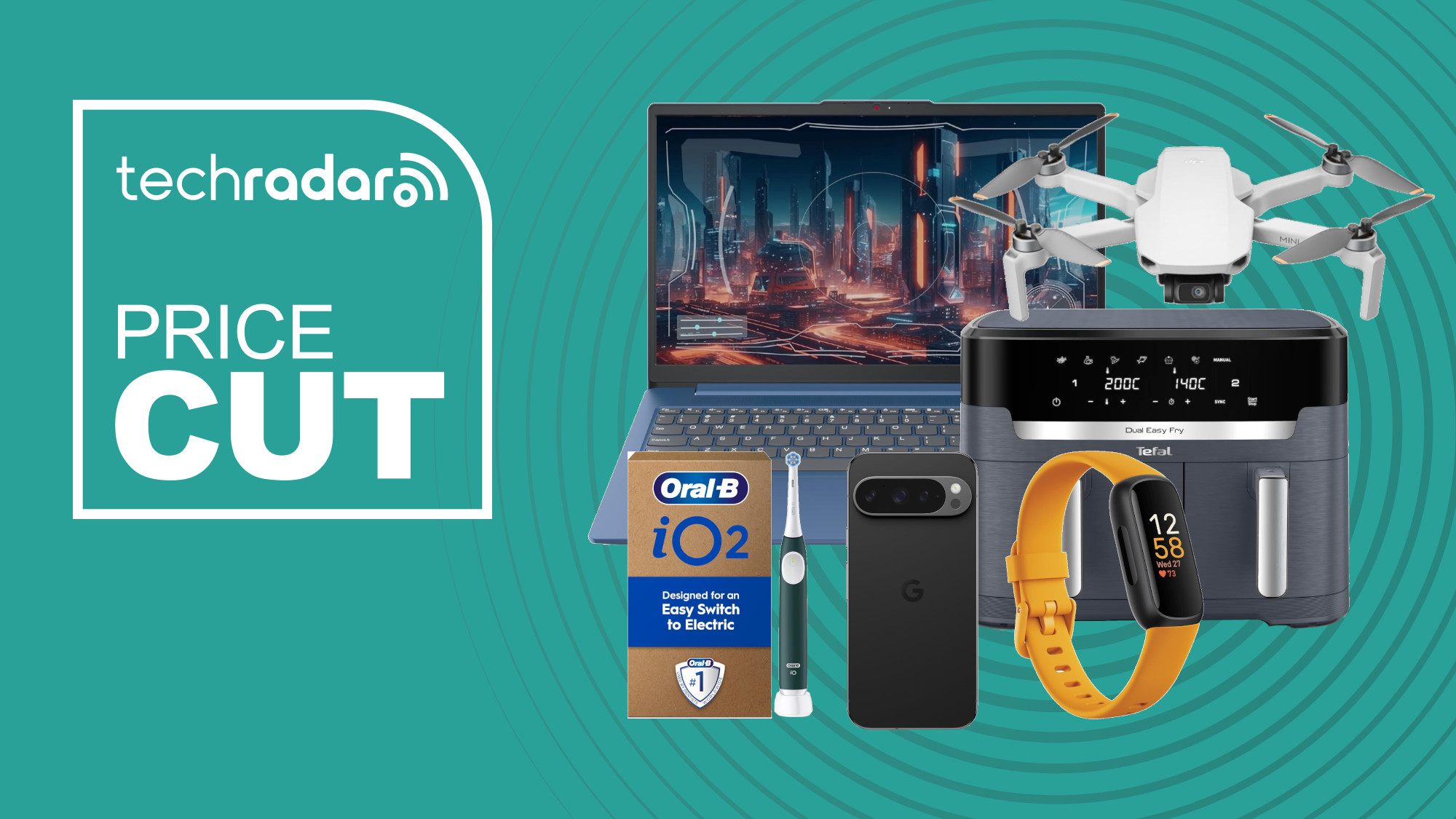 Collage of tech from Amazon UK, including a Lenovo laptop, DJI drone, Tefal air fryer, Oral-B toothbrush, Pixel phone, and a Fitbit