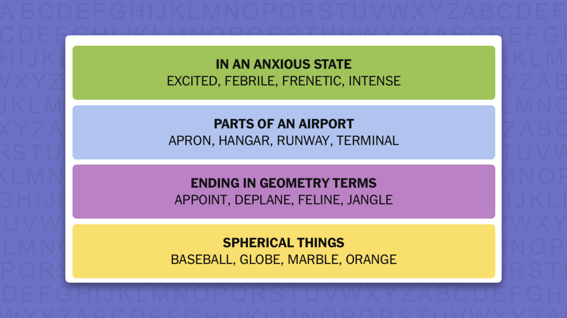 NYT Connections answers for game 1138 on a purple background