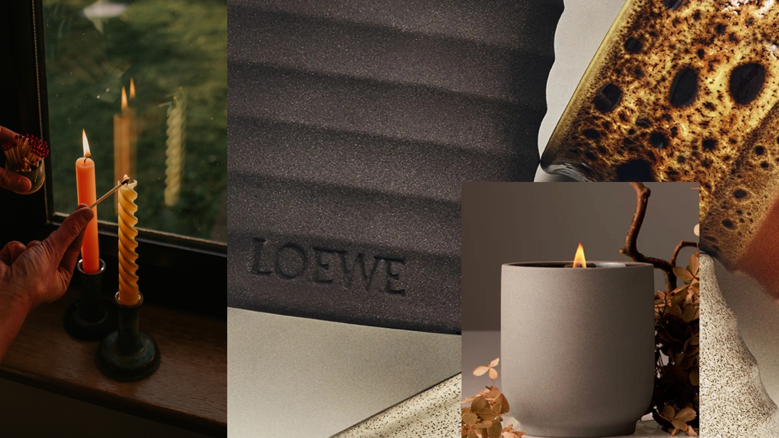 candles on a cream background, two are lit, three are not