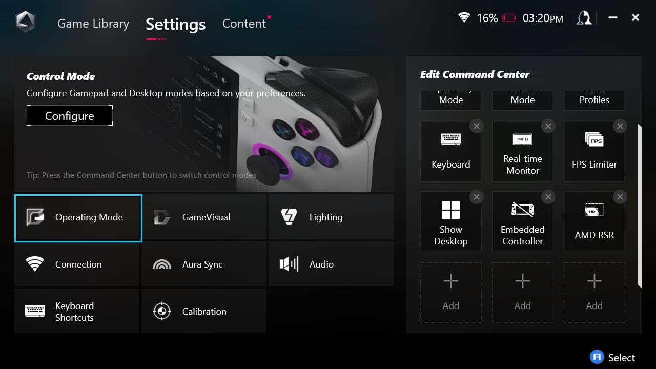 ROG Ally Operating Mode settings.